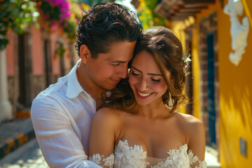 Happy young Mexico couple in love, man and woman hugging each other, romantic wedding scene.
