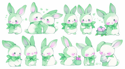 Kawaii Anime Easter Bunny Sticker Set, Cute Cartoon Pastel Green Rabbits in Various Poses, Adorable Spring  Character Collection, Digital Illustration Isolated on White Background.