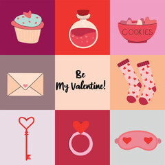Valentine's day greeting card set in hand drawn style. Cute doodle poster with a bowl of cookies, love potion, heart socks, a cute cupcake, key, ring.  Valentine's day invitation card in flat style.
