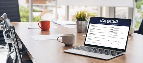 Digital legal contract provide terms and conditions document on computer screen ready for online digital signature for deal agreement of future business snugly