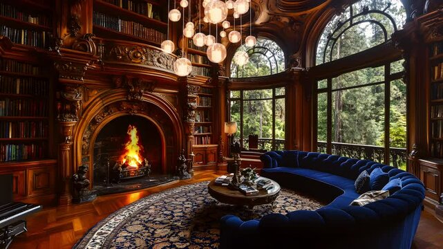 Elegant library with a grand fireplace, blue circular sofa, and intricate wooden details. Seamless looping time-lapse animation video background  
