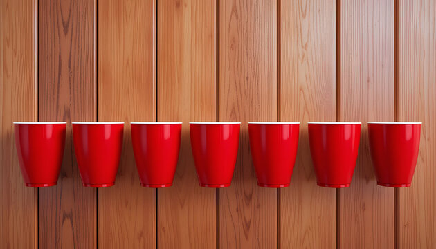 Red plastic cups on wood paneling