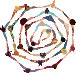 Isolated group of multicultural women in circle holding hands. International women s day. Diversity - inclusion - equality - girl power or empowerment concept