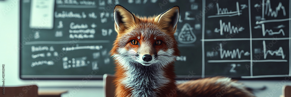 Poster a diligent fox presenting in a college classroom, with abstract graphs and data floating around, sym