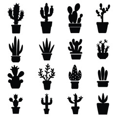 Cactus indoor plants silhouettes vector illustration