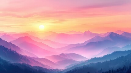 Fototapeta premium Colorful mountain sunset with soft mist and rolling hills