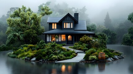 Obraz premium Serene Victorian inspired residential estate with concealed water infrastructure elegant architecture and garden landscape featuring a rain barrel system for sustainable water conservation