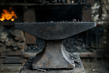 Blacksmith at Work with metal Hammer and Anvil, Creating Sparks in Traditional Forge, Generative AI photo