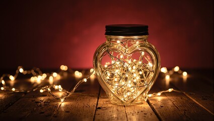 Romantic heart shaped jar with glowing fairy lights on wooden table
