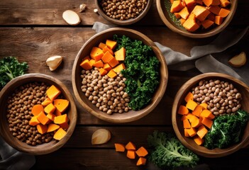 energizing dog food bowls filled vibrant natural ingredients wholesome mealtimes, color, nutrition, pet, bright, wellness, visuals, colorful, fresh, grain