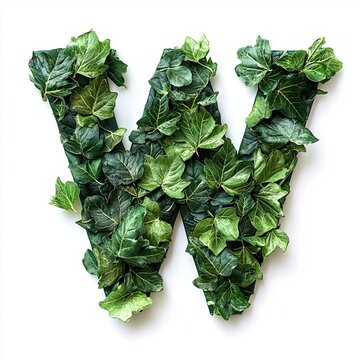 Decorative letter W crafted from vibrant green leaves symbolizing nature