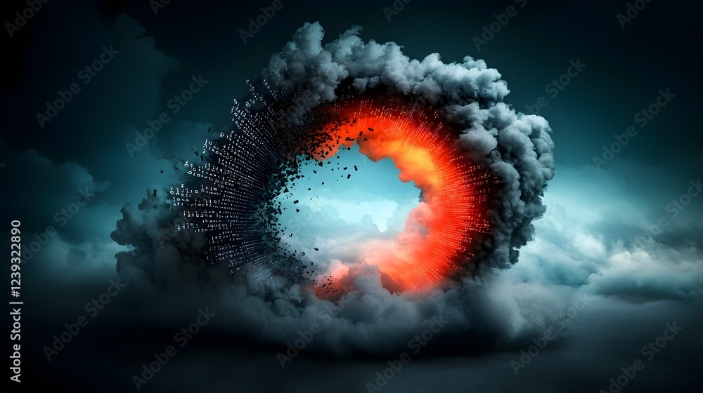 Poster shimmering vortices of computer script and digital symbols flow across a mysterious landscape evokin