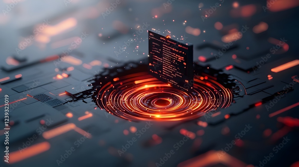 Poster shimmering vortices of computer script and digital symbols glowing lines of code and geometric shape