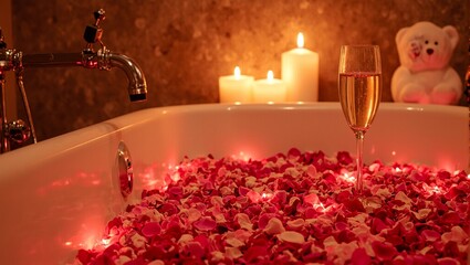 Romantic spa ambiance with rose petals in bath candles and champagne