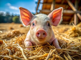 Young Piglet Relaxing on Hay at Pig Farm