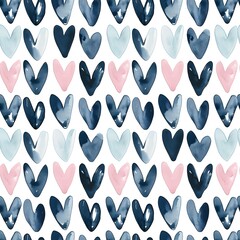 Watercolor heart pattern in navy, light blue, and pink on white background. Romantic seamless design for Valentine's Day, wedding or anniversary 