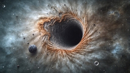 Black hole against starfield, artwork. Multiverse travel, time, black hole, universe, dimension