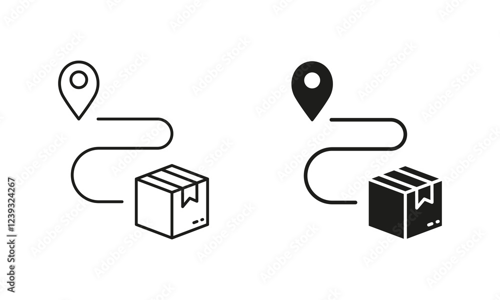 Poster delivery service route icon. parcel location line and silhouette icon set. order path sign. editable