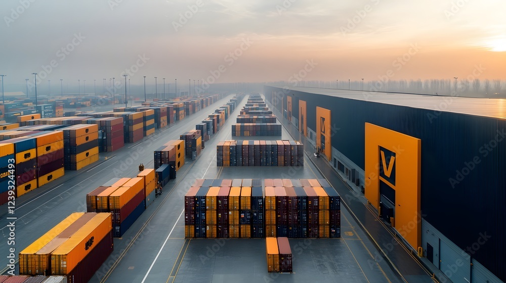 Poster sprawling aerial view showcasing the scale and efficiency of today s logistics networks with rows of