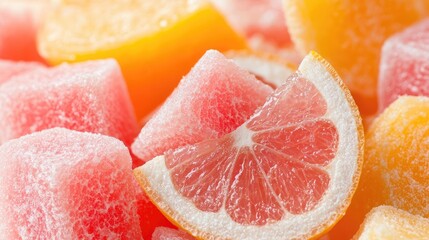 Frozen citrus fruit slices and cubes, close-up, vibrant colors, refreshing food