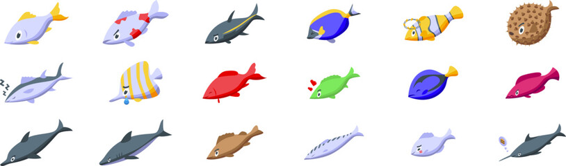 Fish character emotions icons set. Cartoon aquarium fish are swimming underwater and showing different emotions