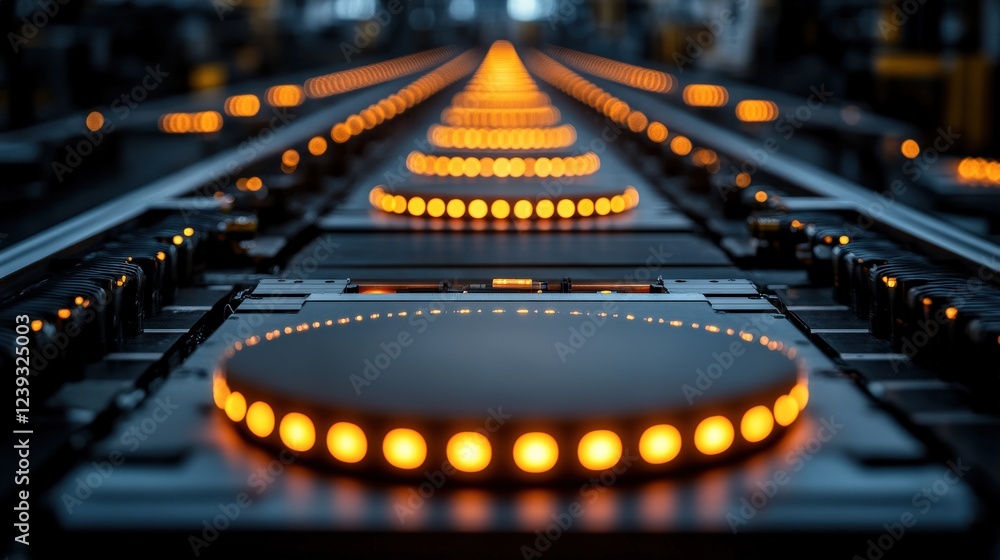 Poster industrial production line with illuminated circular components, showcasing technology in action