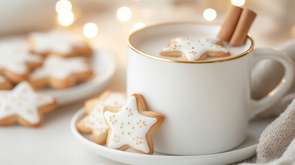 Cozy winter setup with a white mug, gingerbread cookies, cinnamon sticks, and Christmas decorations amidst warm bokeh lights
