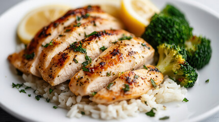 Healthy lemon herb chicken with steamed broccoli and rice on a white plate, perfect for quick dinners and fresh meals