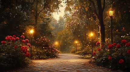 Evening stroll through a rose garden with lanterns serene pathway natural setting relaxing atmosphere