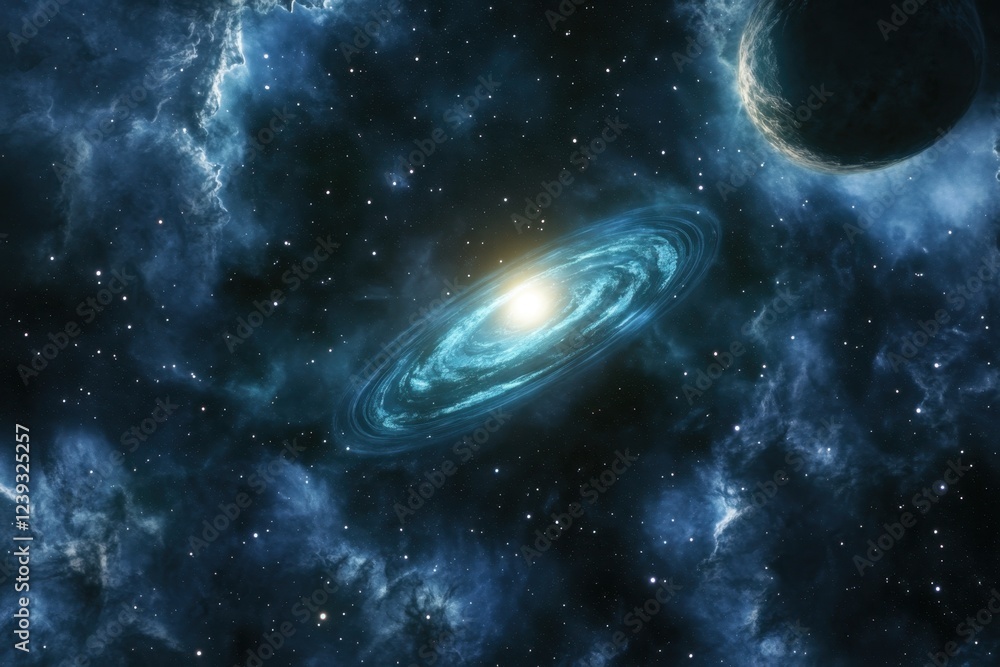 Poster galactic spiral with bright core and celestial clouds in deep space environment