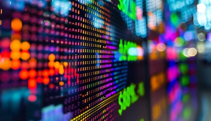 Obraz premium Detailed view of a stock market ticker, prices rapidly updating in vibrant colors, capturing the essence of market movements.