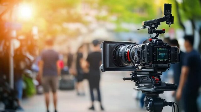 Scene of Professional camera setup in urban setting capturing the hustle and bustle of daily life during golden hour, smooth repetitive motion for background video animation
