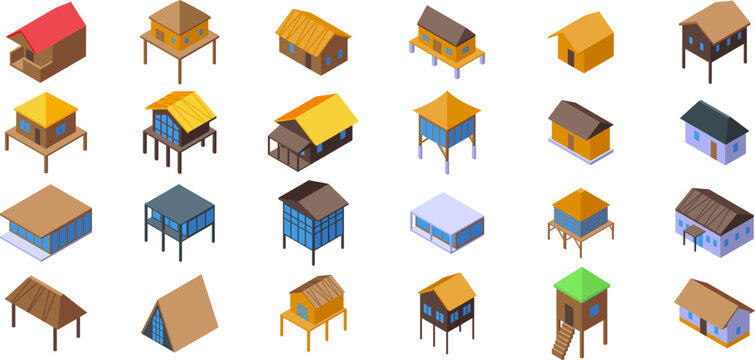 Tropical jungle house icons set. Bungalow icons set featuring various styles of tropical houses, beach huts, and stilt houses, all rendered in a consistent isometric view