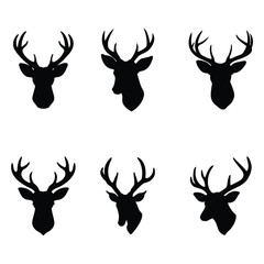 A set of mule deer head vector silhouette isolated,Deer head silhouette, Horned elk, stag, reindeer character mascot,deer icon, logo, badge, sticker, stencil