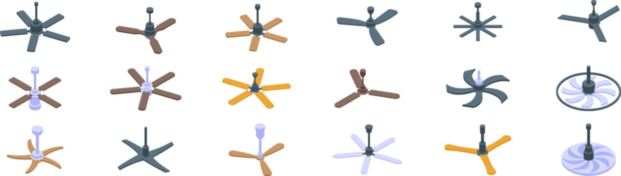 Ceiling fan icons set. Collection of ceiling fans with different blade numbers, colors, and styles, providing cooling and air circulation
