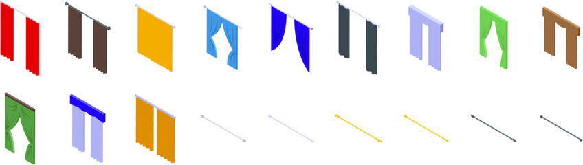 Cornice curtains icons set. Isometric set of colorful curtains and rods, showcasing various styles and colors for interior design © ylivdesign