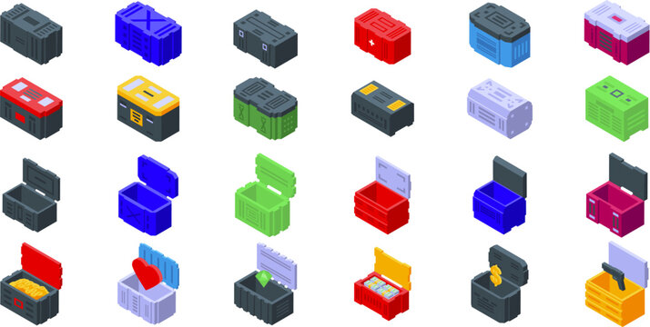 Sci fi boxes icons set. Set of isometric loot boxes containing various rewards, including gold, cash, gems, weapons, and hearts, symbolizing different types of prizes