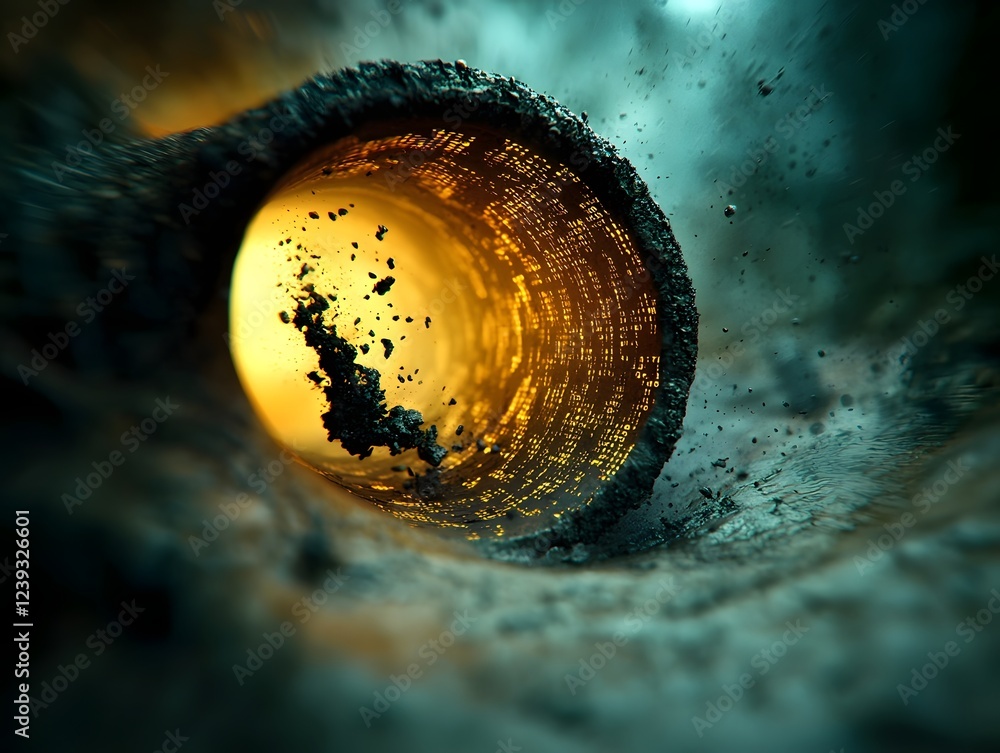 Poster swirling digital data orb flowing through a shadowy industrial inspired environment symbolizing the 