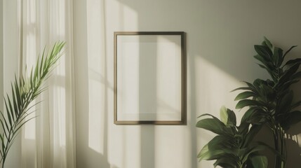 Sunlight on empty frame, plants, curtain. Home decor mockup