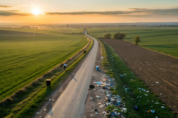 Naklejka premium Aerial View of a Rural Road at Sunset with a Littered Landscape