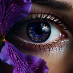 blue eye of the girl with flower