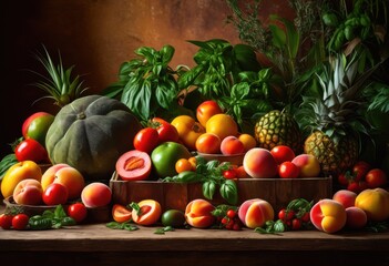colorful display fresh ingredients showcased table abundant highlighting natural texture variety, vegetables, fruits, herbs, colors, freshness, salad