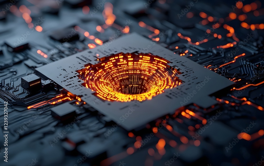 Poster swirling vortex of luminous digital signals glowing circuits and algorithms prismatic refractions of