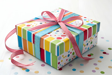 Obraz premium Colorful Gift Box with Striped Pattern and Ribbon on White Background