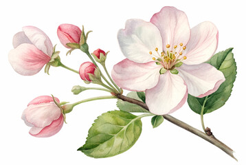 Naklejka premium Delicate Pink and White Apple Blossoms Watercolor Painting