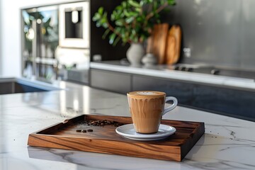 A bold espresso shot with a velvety crema, served on a wooden coffee tray, set against a backdrop of a modern kitchen with sleek appliances.