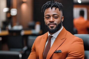 Obraz premium Confident Black Entrepreneur in Rust Suit Embodies Power and Success in Modern Barber Setting. Generative AI