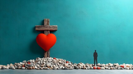 Symbolic image of a rugged wooden cross and vibrant crimson heart placed amidst a bed of pebbles representing sacred devotion and spiritual transcendence