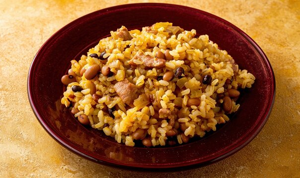 Delicious baio de dois with rice, beans, and pork served on a red plate