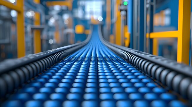 A close-up view of a conveyor belt with blue rollers, set in an industrial environment, showcasing the streamlined process of moving items in a factory.